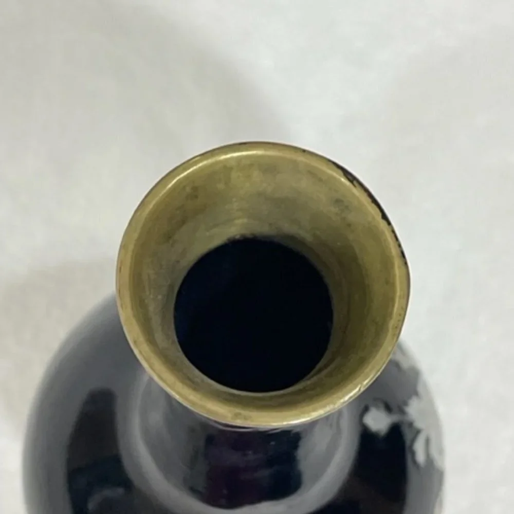 Asian black lacquer, brass and mother of pearl vase